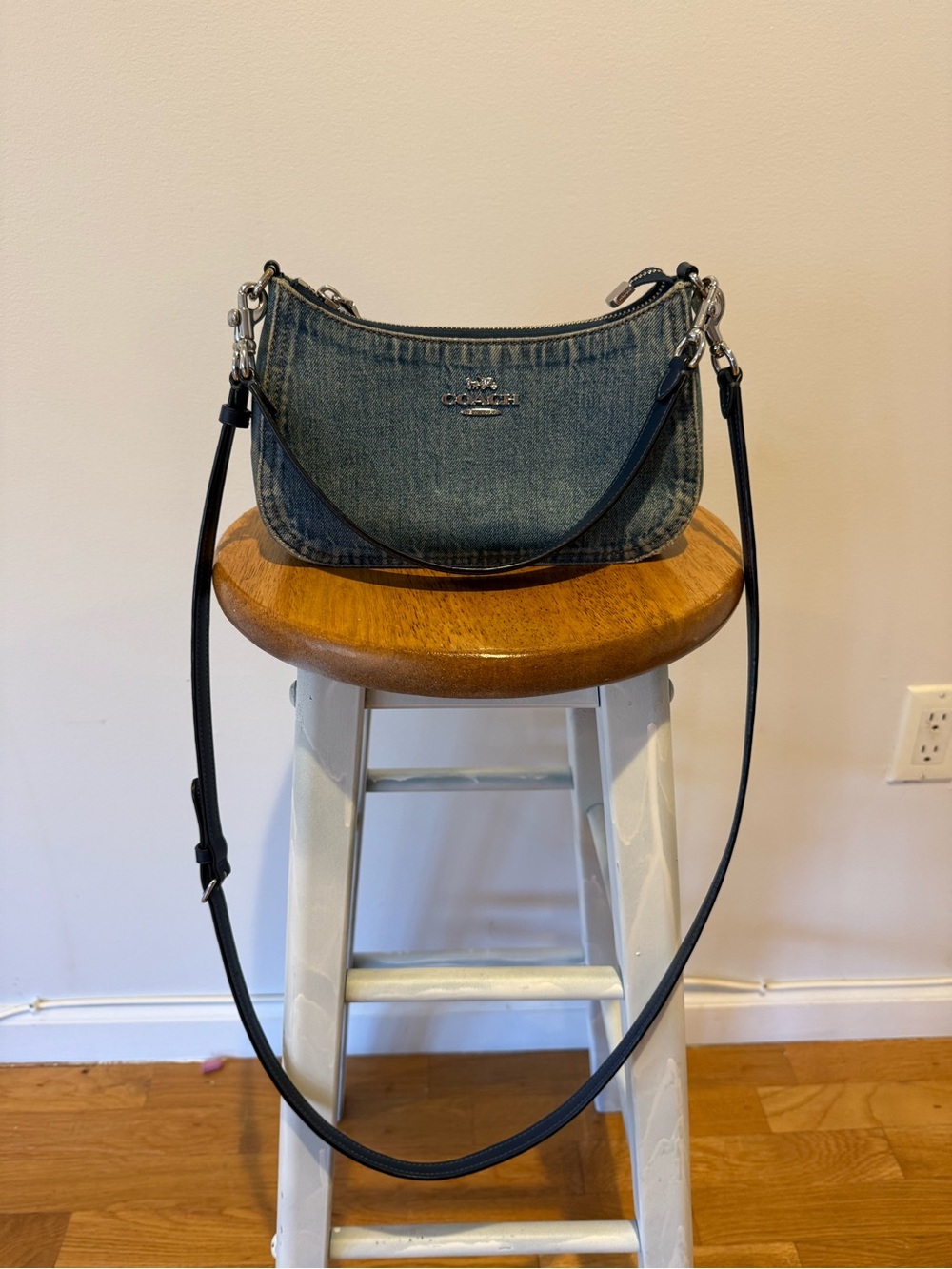 Coach Denim Crescent Shoulder Bag in Blue with Black Strap